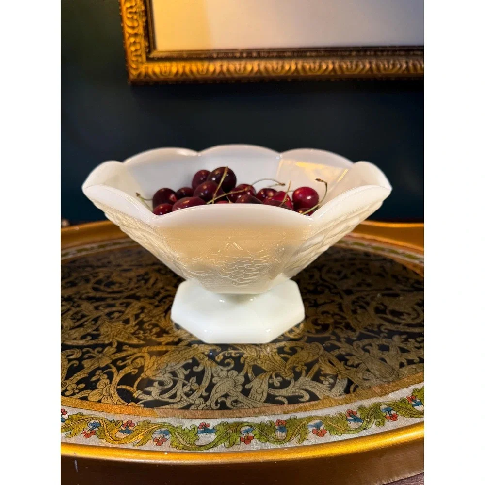 Vintage Indiana Glass‎ Harvest Grape Milk Glass Pedestal Bowl